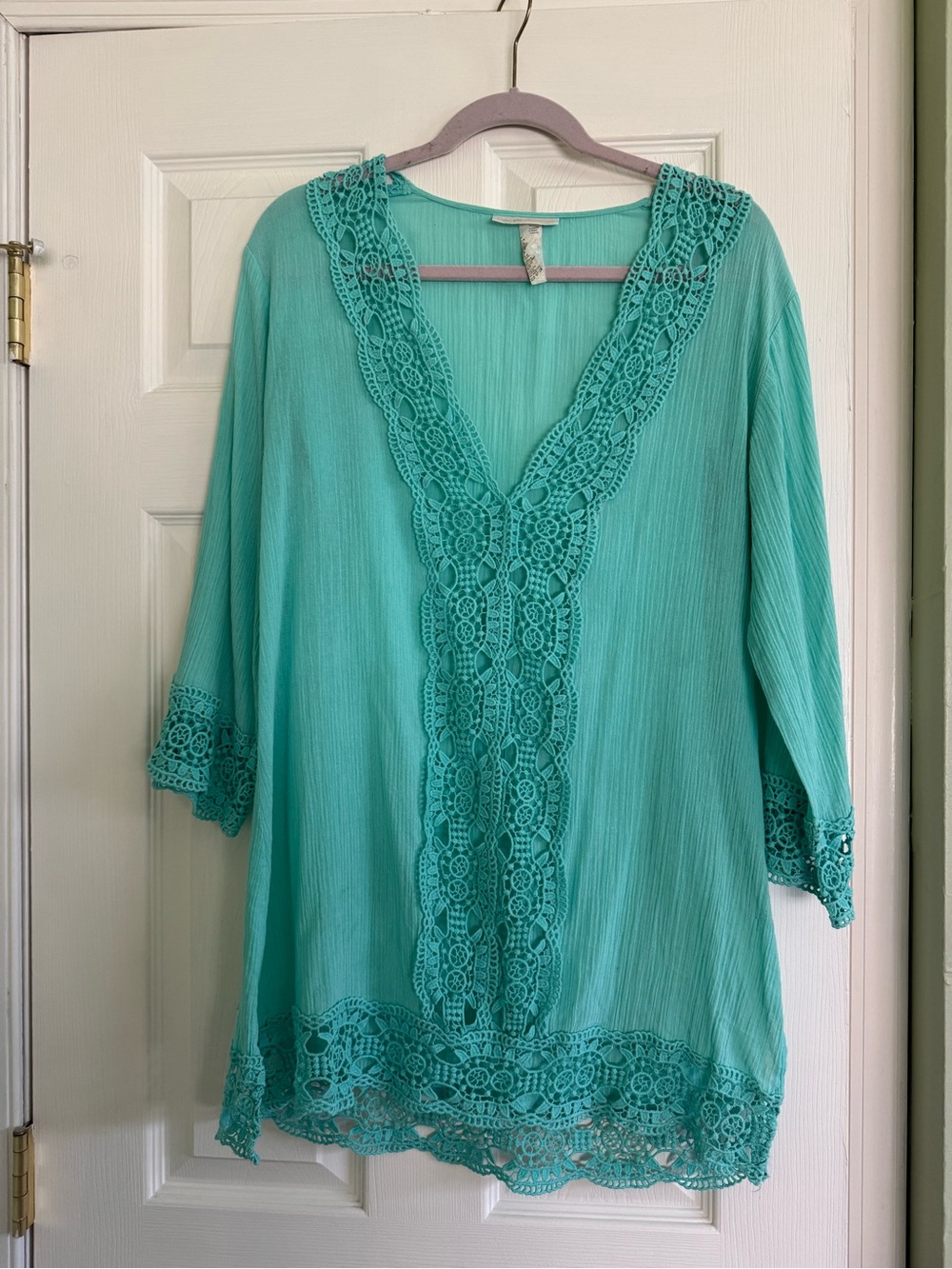 La Blanca teal crochet long sleeve swim coverup - S